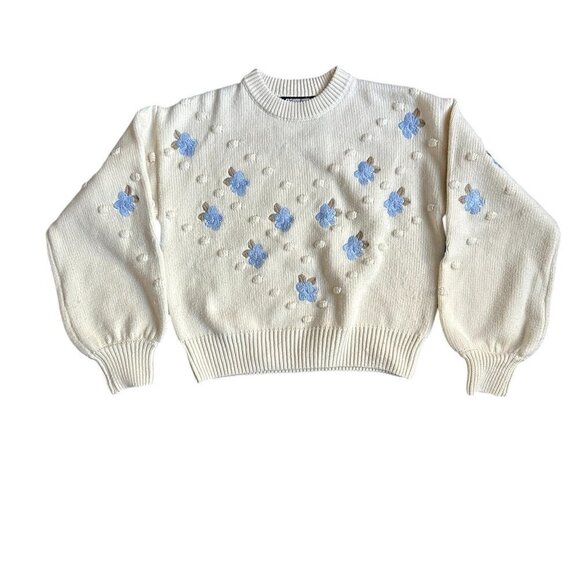 FASHION UNION Chunky Knit Floral Knit Embroidered Cream Sweater US 6 - Picture 3 of 6